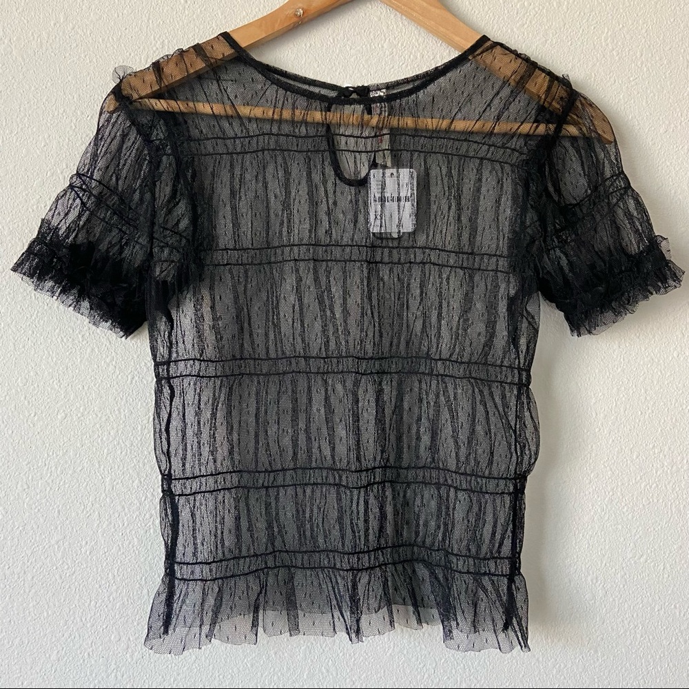 Free People Sheer Black Dotted Mesh Short Sleeve Blouse